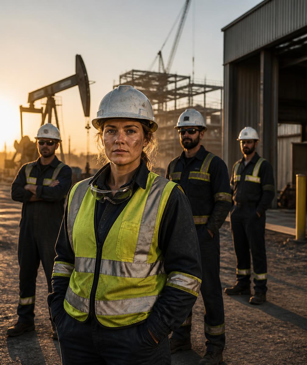 Industrial frontline workers standing together on a job site